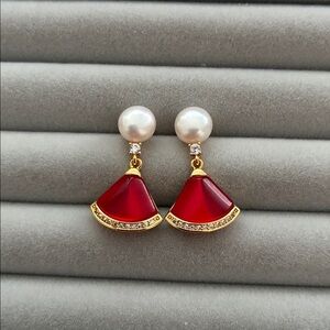 Gold Pearl Mini Fan Earrings Sterling Silver Posts